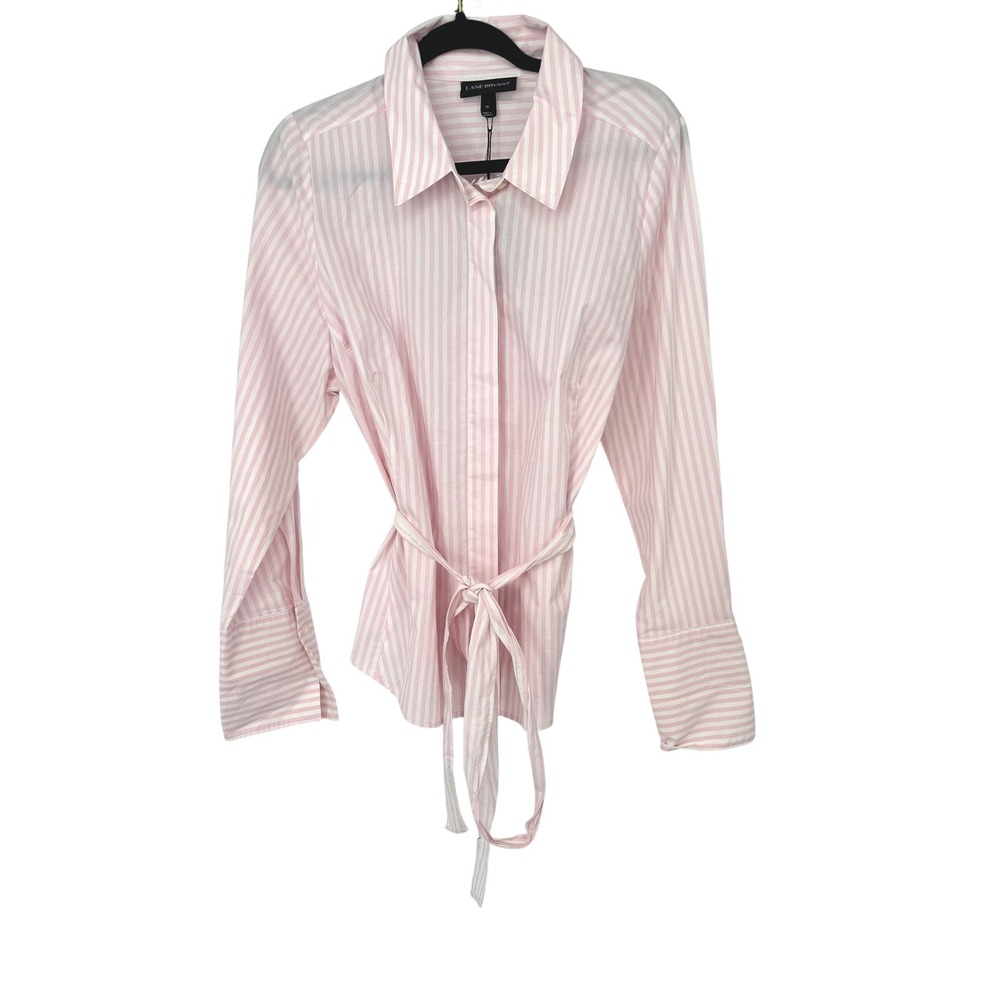 Lane Bryant Hidden Button Top Women 16 Pink Striped Tie Waist Beachy Office